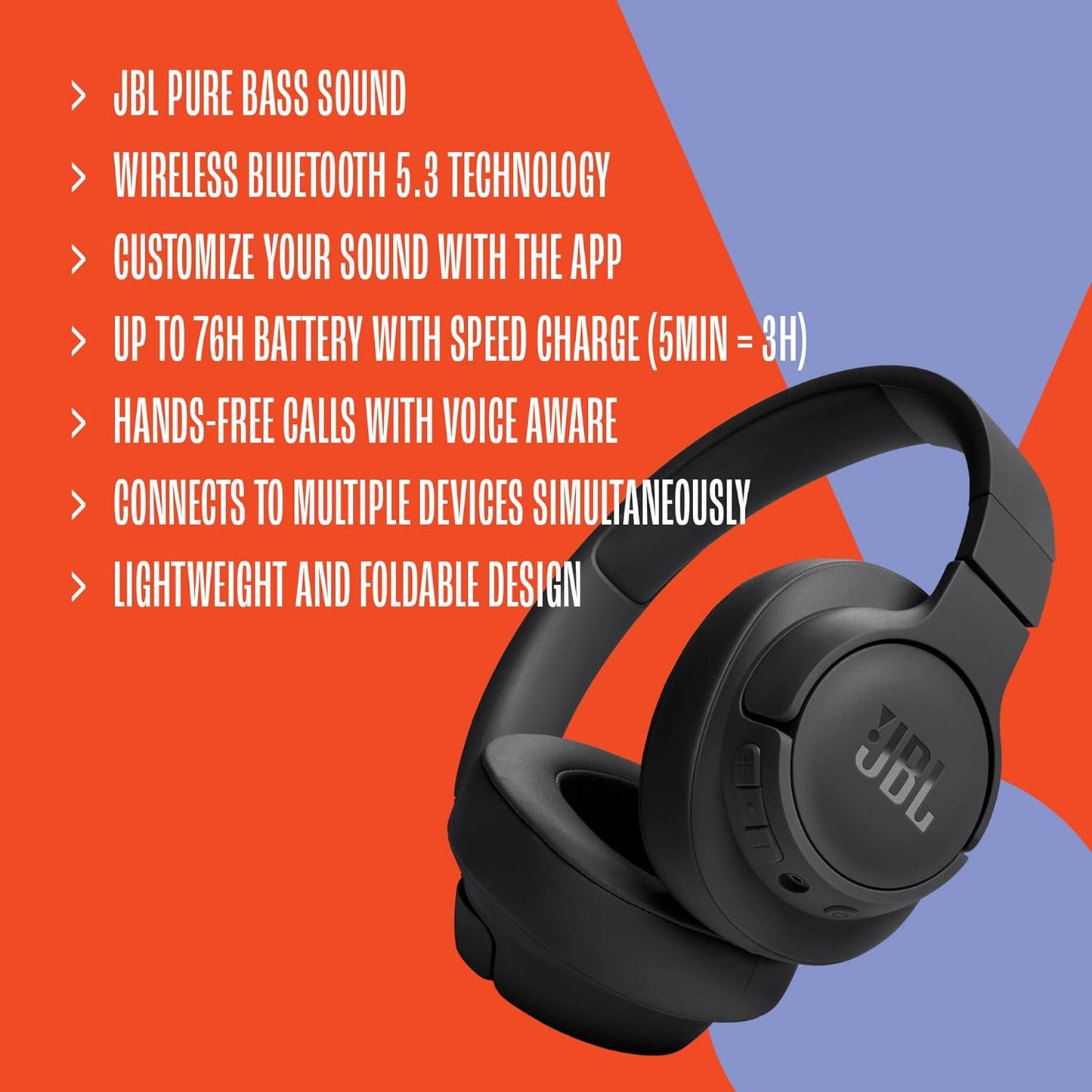 JBL Tune 720BT Wireless Over-Ear Headphones, Pure Bass Sound, Bluetooth 5.3, 76H Battery, Hands-Free Call,